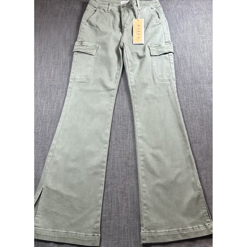 RISEN Green Cargo Bootcut Jeans Women 9/29 NWT High Rise Side Slit Stretch Pants